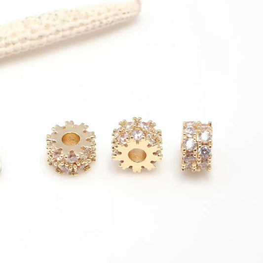 AJ025(in stock)5pcs Gold Zircon Double-Layer Snowflake Spacer Beads - Wheel Shape