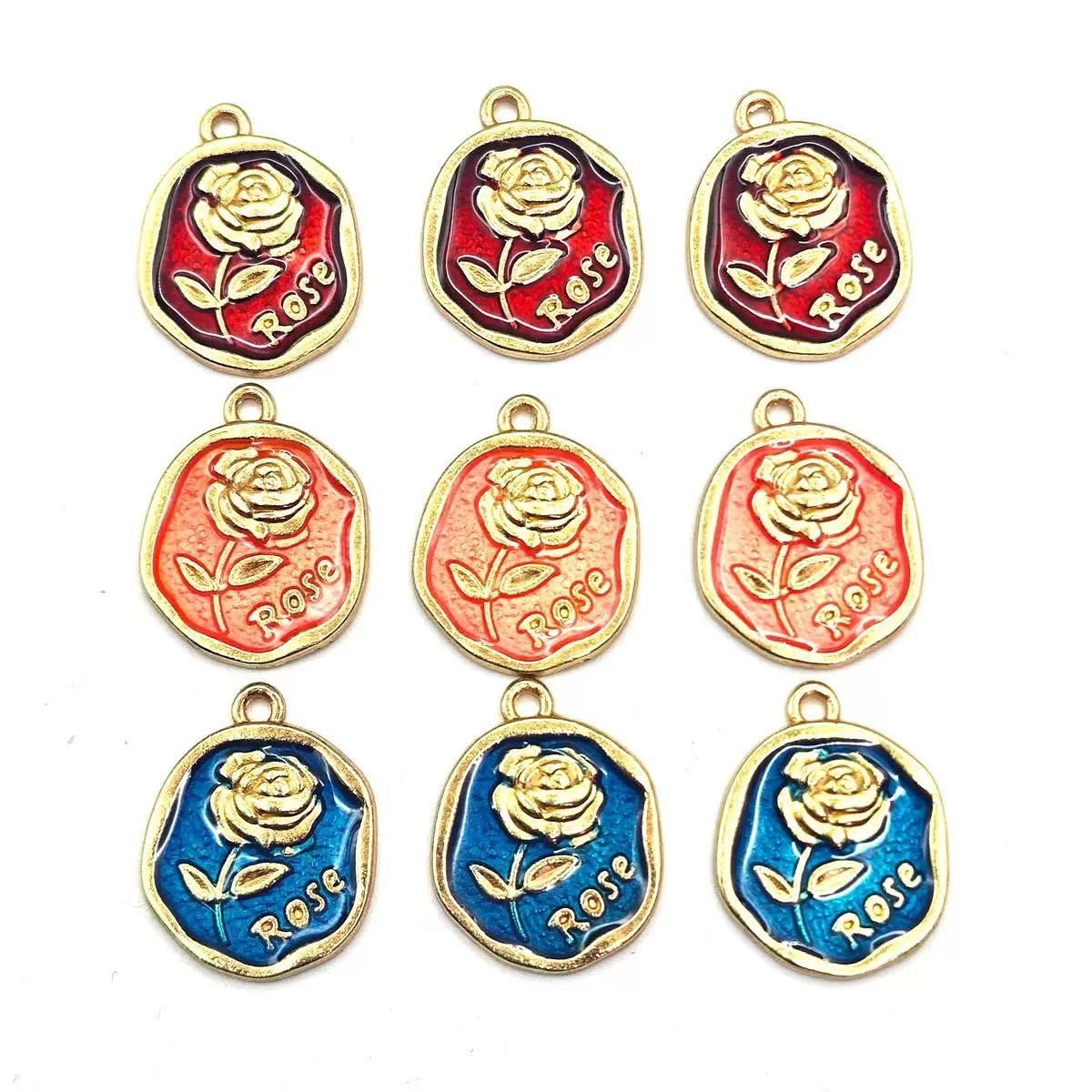 AJ348 【15pcs】 Enamel Rose Pendants (3 Colors × 5pcs) - Floral Drop Charms