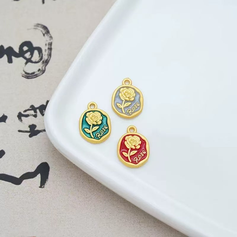 AJ348 【15pcs】 Enamel Rose Pendants (3 Colors × 5pcs) - Floral Drop Charms