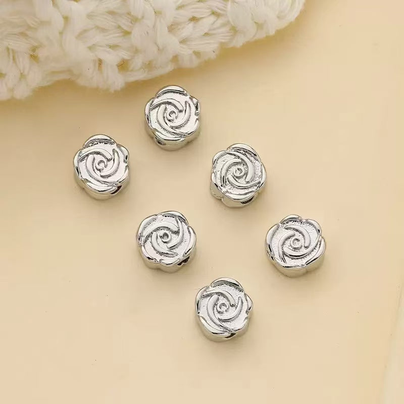 AJ264 10pcs 6mm Silver Rose Spacer Beads - Floral Jewelry Connectors for DIY Bracelets
