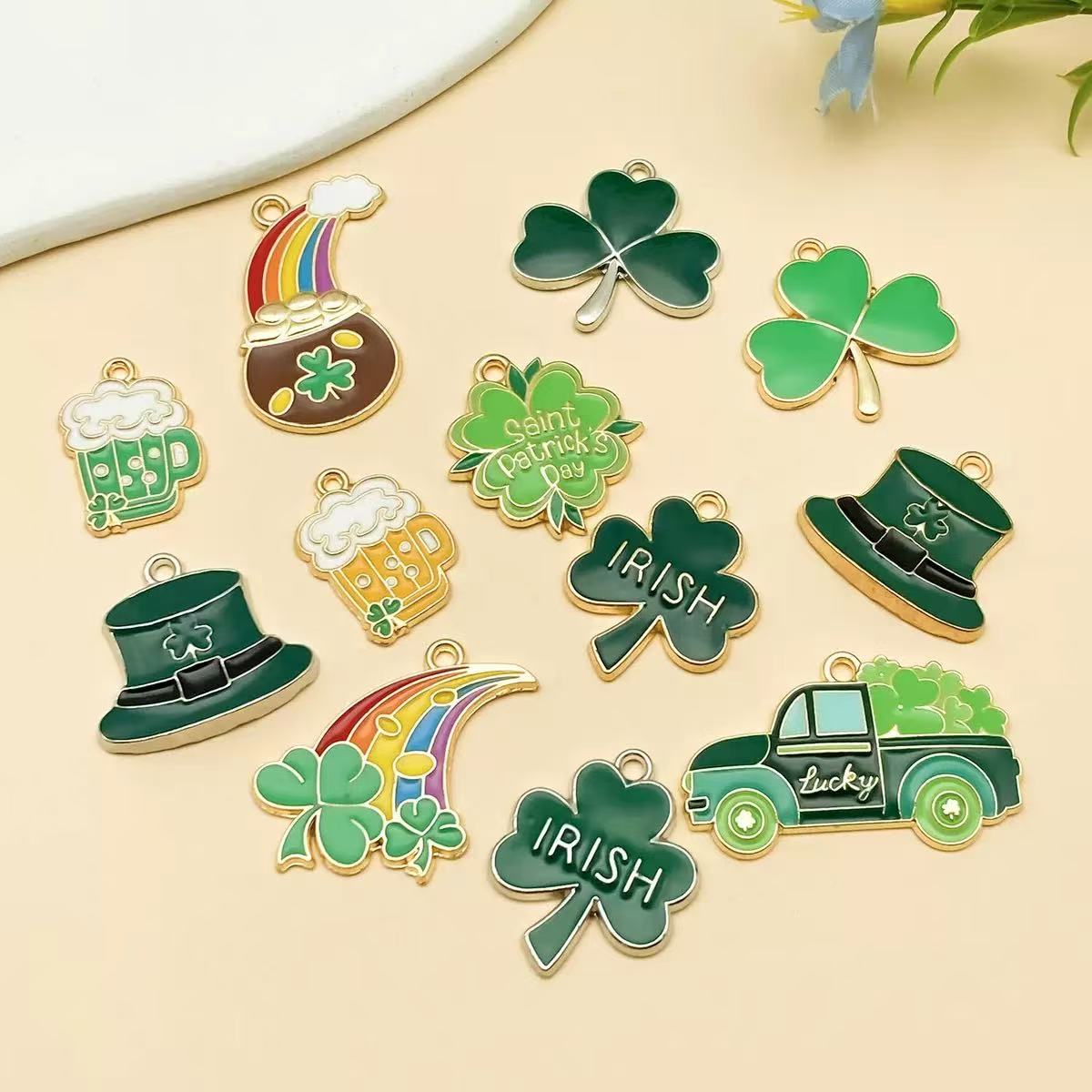 AJ347 【12 Styles】 Enamel Clover Pendants - Colorful Shamrock Drop Charms