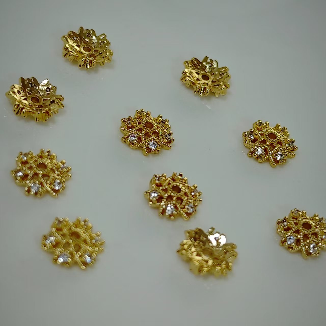 AJ281【10pcs Gold Flower Spacer Beads with Zircon - Bling Bead Caps for DIY Jewelry