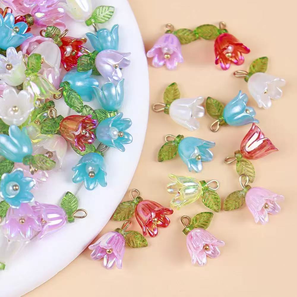 AJ044  Lily of the Valley Bead Charms - 8 Colors × 4 Each (3D Bracelet/Keychain Components)